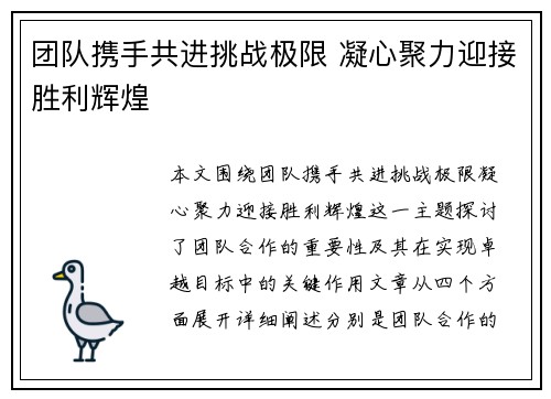 团队携手共进挑战极限 凝心聚力迎接胜利辉煌
