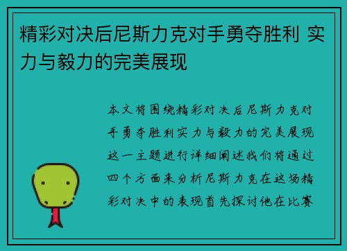 精彩对决后尼斯力克对手勇夺胜利 实力与毅力的完美展现