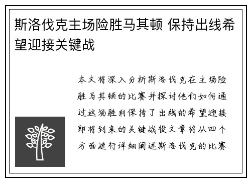 斯洛伐克主场险胜马其顿 保持出线希望迎接关键战